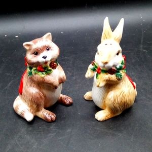 Fitz & Floyd Christmas Bunny Rabbit and Racoon Salt and Pepper Shakers 